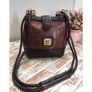 M.C. Women's Brown Patchwork Faux Leather Bag With Braided Straps & Bottom
